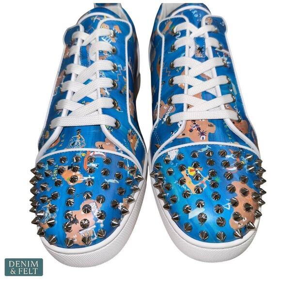 Christian Louboutin Louis Junior Spikes Odyssey Print Blue Leather Sneakers 44.5 main image 11